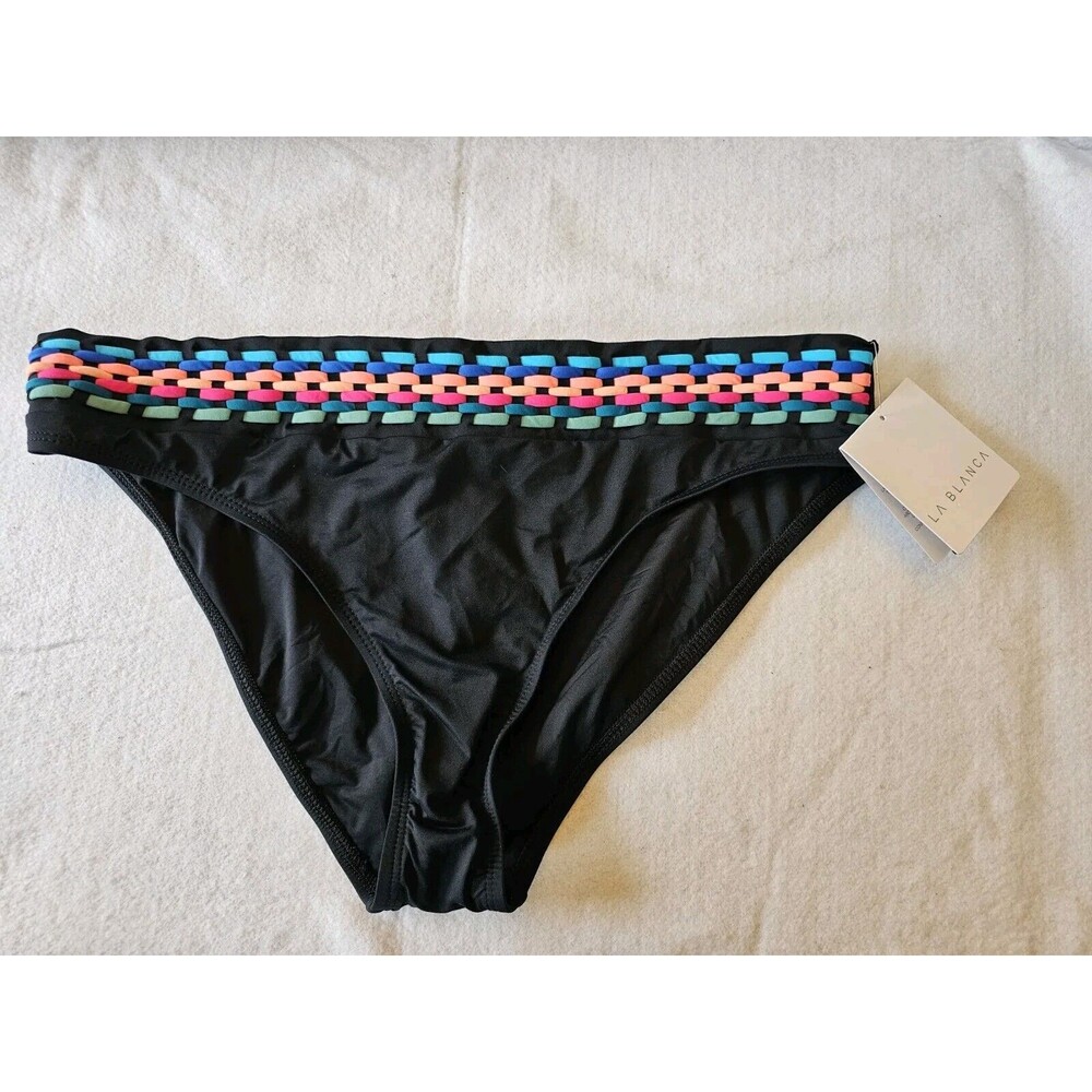 La Blanca Swim Bottom Women's Black Banded Hipster Bikini Swimsuit Size 16